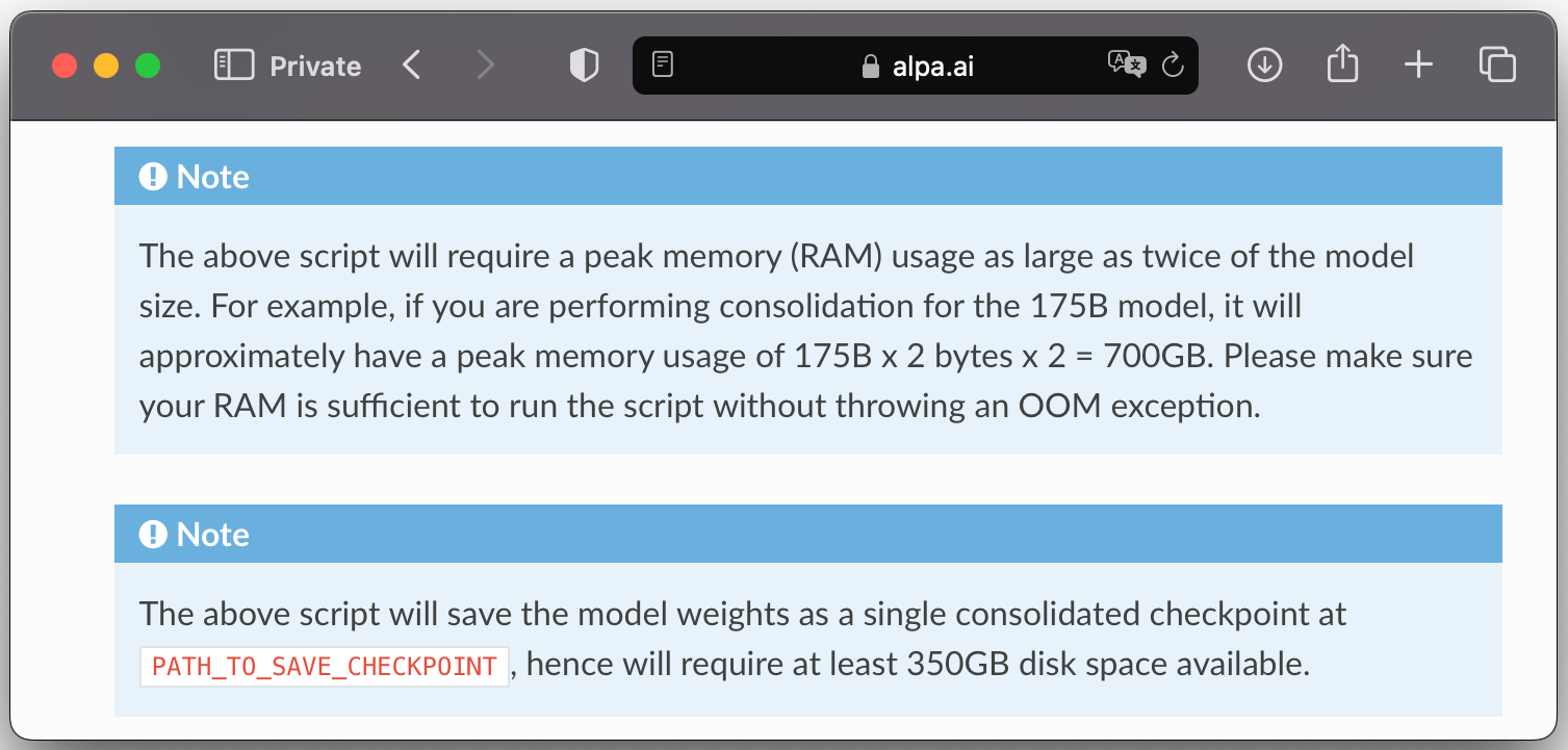 a screenshot of Alpa documentation showing 700GB CPU RAM requirements for checkpoint conversion